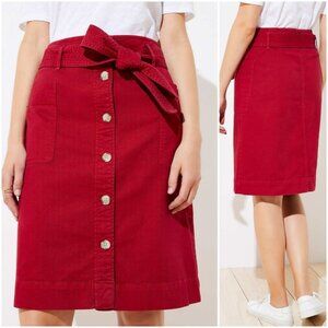 LOFT Red Button Front Skirt 12 NWT Belted Stretch Pockets Casual Retro